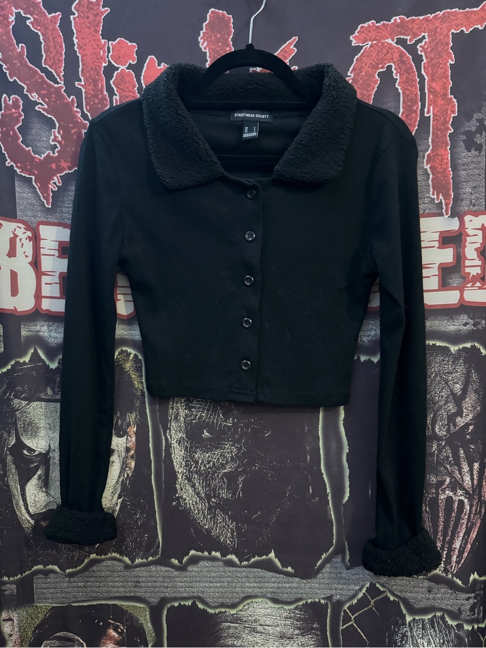 Streetwear Society Black Cropped Teddy-Trim Button Jacket